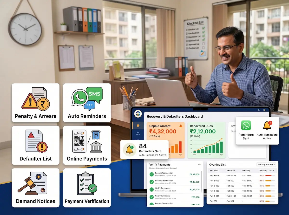 Tatbandi Maintenance Recovery app showing reminders, defaulters and recovery dashboard