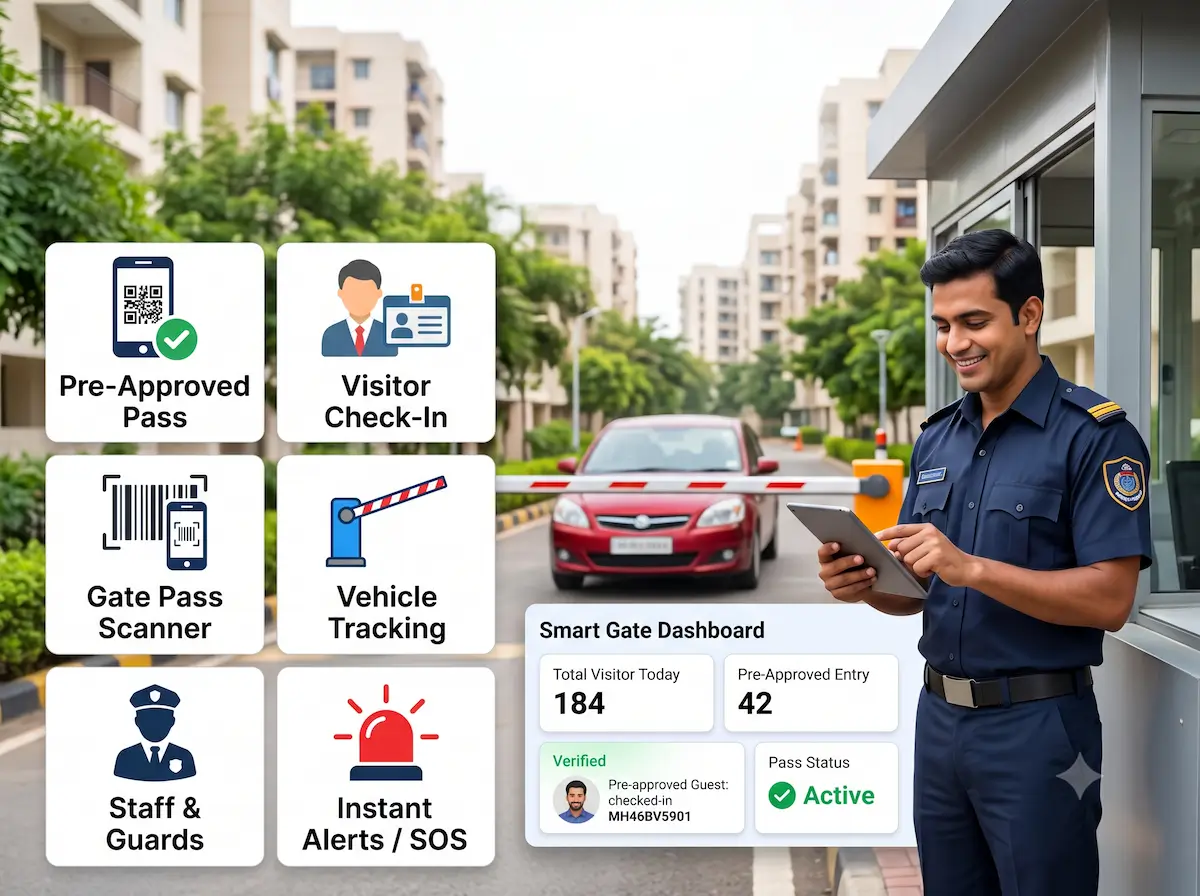Tatbandi Smart Security app showing visitor management, gate pass and access control
