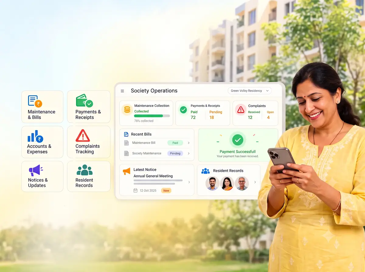 Tatbandi society admin app home screen showing maintenance and society modules